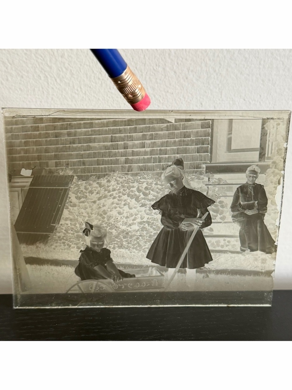 Antique Glass Plate Negative Woman Girls Wagon Cart Victorian 1800s 1900s